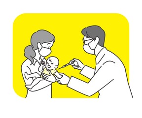 予防接種 ワクチン接種する赤ちゃんを抱く母親と注射する男性医師のイラスト ベクター