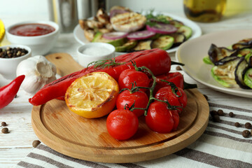 Concept of tasty eating with grilled vegetables, close up