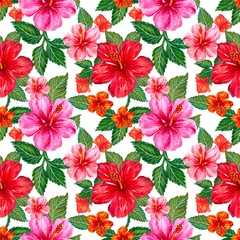 Fototapeten Watercolor hibiscus colorful botanical flowers, leaves, foliage, garland , tropical exotic jungle seamless repeat pattern © HoyaBouquet