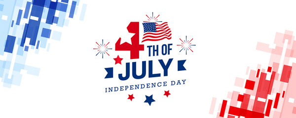 4th of July celebration USA independence day design with stars, fireworks, and the American flag on techy,  modern American flag color red and blue background.
