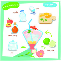 Fresh peach soda limeade ingredients cartoon, card template. 
Cute food icons set for cookbook, restaurant, cafe, menu creator. Vector illustration.