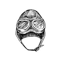 Retro flight helmet, gravure style ink drawing illustration isolated on white - 435790469