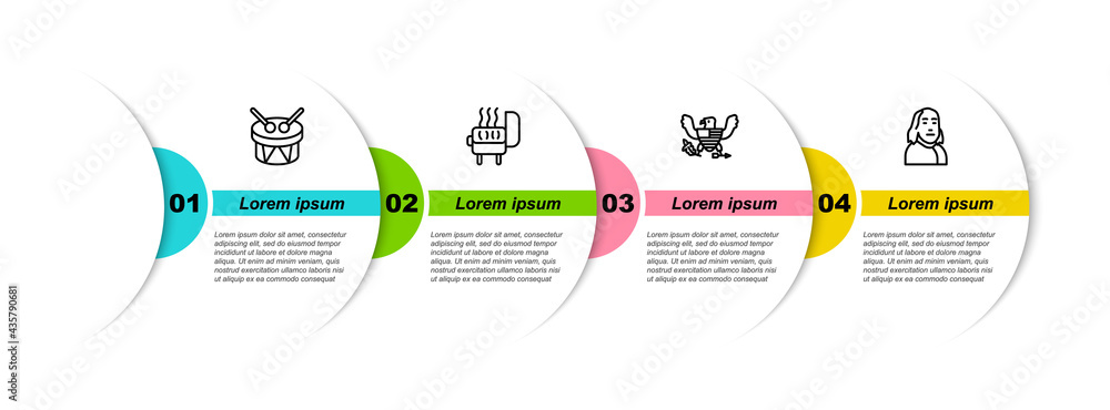 Sticker Set line Drum and drum sticks, Barbecue grill, Eagle and Benjamin Franklin. Business infographic template. Vector