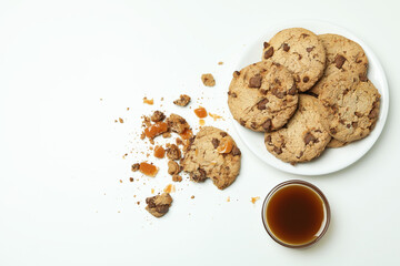 Tasty cookies with caramel on white background