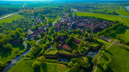 Aerial view of the town Dömitz in Germany on a sunny morning in spring
