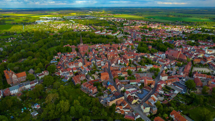 Aerial view of the city Salzwedel in east Germany on a sunny day in spring.