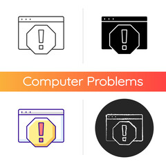 Computer error icon. System failure, message window for PC monitor. Cyber safety danger. Diagnostics for software issues. Linear black and RGB color styles. Isolated vector illustrations