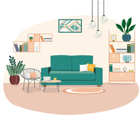 Living room in light colors with sofa, bookcase, coffee table, chair and other decor. Vector flat style illustration.