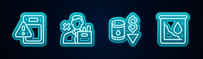 Set line Global economic crisis, Employee dismissal, Drop in crude oil price and . Glowing neon icon. Vector