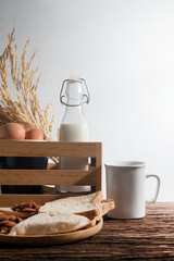 healthy and nutrition of milk and egg and almond, diet food breakfast, ingredients of dinner