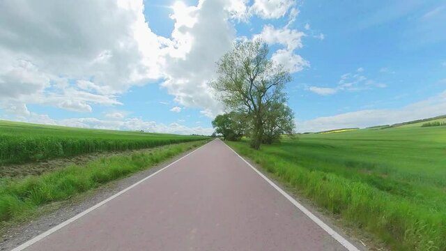 pov, subjektiver Blick, aus einem fahrenden Fahrzeug, auf eine gerade Strasse