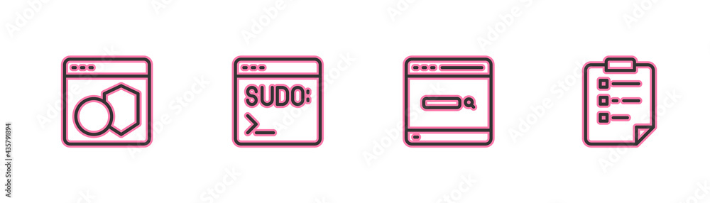 Wall mural set line software, search engine, code terminal and clipboard with checklist icon. vector