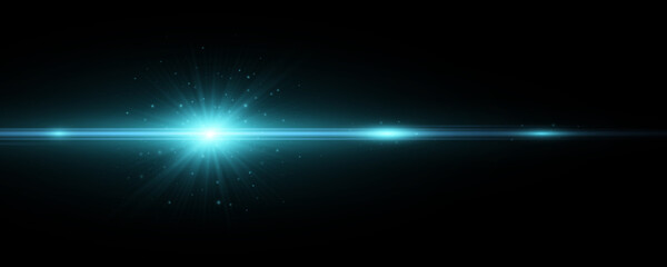 Obraz premium Stylish blue light effect isolated on a dark background. Vector footage for your project. Lens flare. Explosion with glowing sparks. Bright flash with horizontal rays.