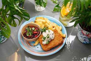 fried fish with tartar sauce, fries, and salad.
A colorful appetizing dish. Culinary photography, food styling.