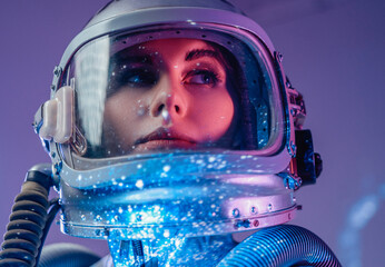 Female cosmonaut inside studio room with cosmic light © Fxquadro