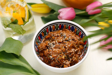 Herrings from oyster mushroom in tomato sauce.
A colorful appetizing dish. Culinary photography, food styling.
