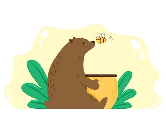 Bear hugging a jar of honey. Bear and Bee cartoon vector. Honey jar vector. Bear character.