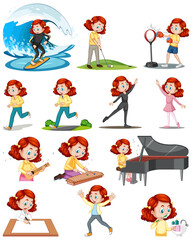 Set of a cute girl doing different activities