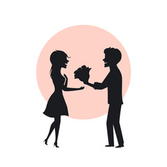 silhouette of romantic couple in love on a first date, man surprises woman  with flowers