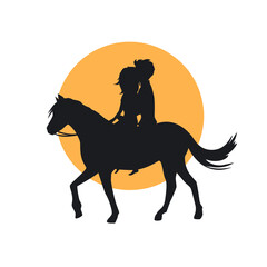 silhouette of romantic  couple in love riding horse