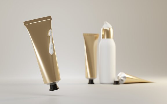 Gold metal tube beauty product face cream or hands with liquid. Empty cosmetic pump bottle for cleansing skin on beige background, mockup open packaging. Realistic 3d illustration ad design premium