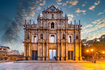 Ruins of St. Paul's Cathedral ancient antique architecture in Macau landmark, Beautiful historic building of Macau, UNESCO World Heritage Site, Macau, China, Asian, Asia.