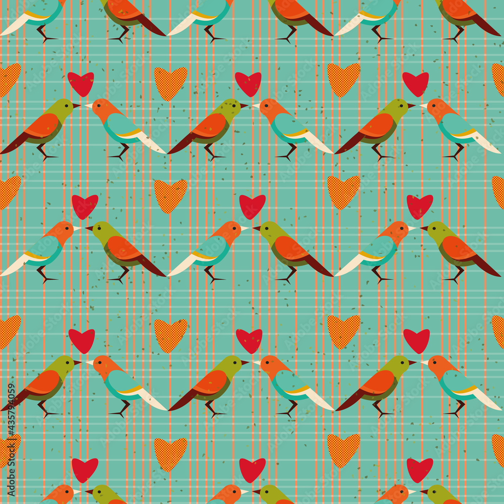 Poster Retro tartan with birds seamless vector repeat pattern print background