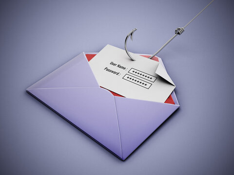 Fish hook stealing user name and password text areas on paper inside an enveloppe. 3D illustration