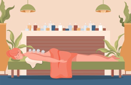 Young pretty woman lying on sofa with closed eyes and cups on her back vector flat illustration. Natural healing spa concept. Traditional Chinese or oriental medicine, healing, ventosa therapy.