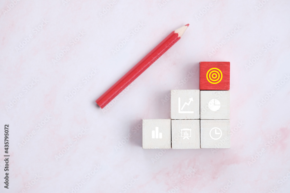 Poster concept of business strategy and action plan. wood cube block stacking with graph icon