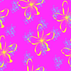 Fototapeta na wymiar Seamless pattern with hand drawn yellow flowers in flat style,simple botanical illustration,bright print for wallpaper and wrapping paper,cover and interior design,fabric,pink background