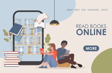 Read book online vector flat landing page template. Young happy man and woman reading electronic books, sitting near big display with book shelves. Online education, library for reading concept.