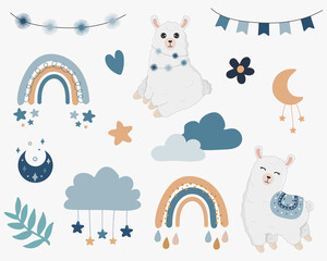 Vector  boho clipart for nursery decoration with cute rainbows, moon, alpaca, llama, cloud, stars. Modern illustration. Perfect for baby shower, birthday, children's party. © Alina