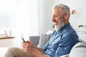 Grey-haired middle aged hipster man in casual shirt using smartphone sitting on the sofa at home, mature guy enjoys online chatting, spends time in social networks, looks at the phone and smiles - obrazy, fototapety, plakaty