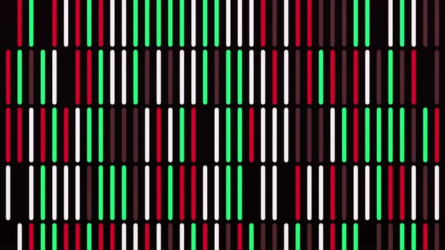 Multicolored rain of abstract same size narrow parallel lines falling down on black background, seamless loop. Animation. Rows of straight segments moving down.