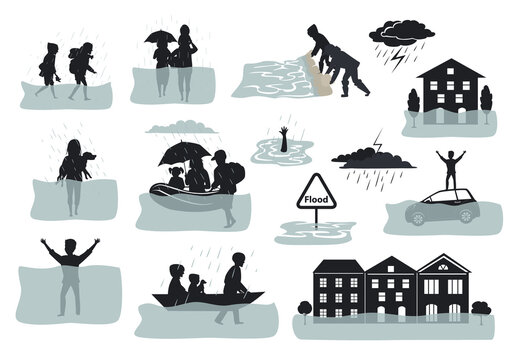 Flood Infographic Silhouette Elements. Flooded Houses, City, Car, People Escape From Floodwaters Leaving Houses, Homes, Rescue Families Animals, Building Sandbag Barrier For Protection, Signs, Symbols