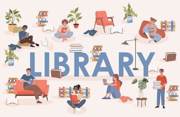 Library word vector flat poster design with text space. Happy smiling people sitting in comfortable poses and studying, working, and reading books. Men and women learning, reading literature.