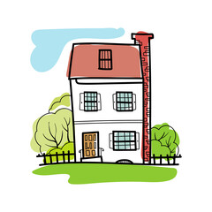 Sketch of hand-drawn house, detached, single family houses with trees. Doodle cartoon vector illustration of Home Sweet Home. House Exterior. 
