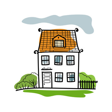 Sketch of hand-drawn house, detached, single family houses with trees. Doodle cartoon vector illustration of Home Sweet Home. House Exterior. 
