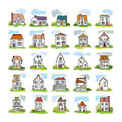 Set Sketch of hand-drawn house, detached, single family houses with trees. Doodle cartoon vector illustration of Home Sweet Home. House Exterior. 
