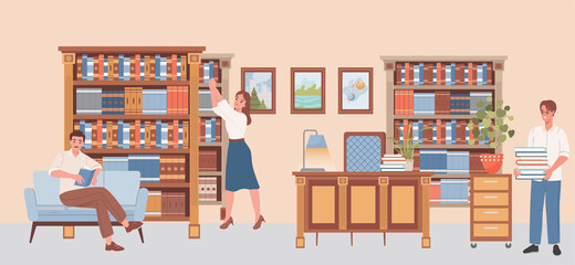 People in public library vector flat illustration. Happy smiling people choosing books, reading literature, studying, and educating. Men and women working, prepare for examination.