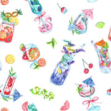 A colorful seamless pattern with drinks, lemonades. cocktails, flowers, flamingos, palms, cocktail umbrellas, leaves and flowers. Bright summer background.