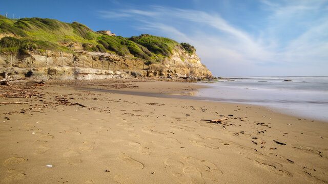 Sand beach of natural reserve Tor Caldara during sunset , Lavinio , Anzio , Rome , Italy