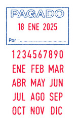 Vector illustration of the Spanish words Pagado (Paid) and Por (By) in blue ink stamp and editable dates (day, month and year) in red ink stamps