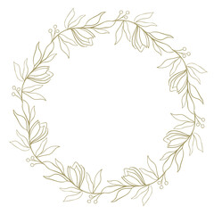 Gold round frame with flowers and leaves. Circular template for design. Plant botanical elements. Hand drawing.