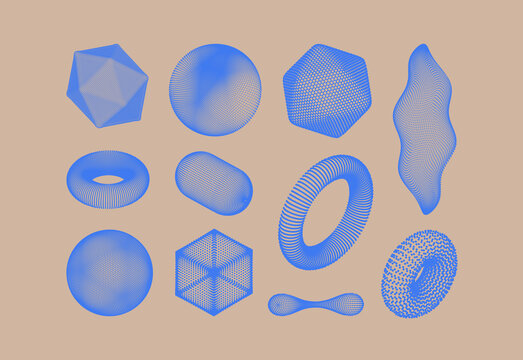 Crystal, sphere, torus and wave consisting of small particles. Objects with dots. Molecular grid. 3d vector illustration. Futuristic connection structure for education and science.