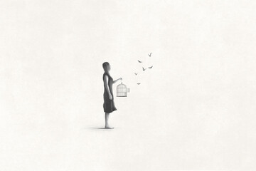 Illustration of woman setting free butterfly, freedom surreal abstract concept © fran_kie