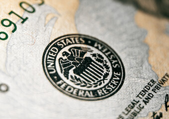 Close up macro shot of federal reserve stamp on the US dollar bill - obrazy, fototapety, plakaty