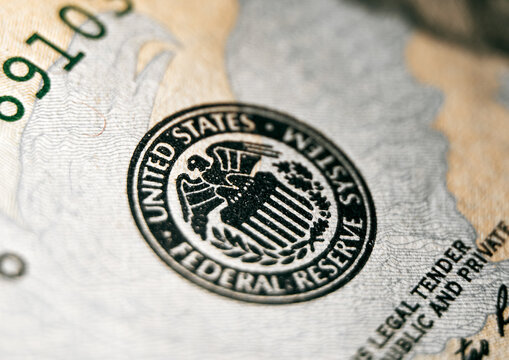 Close up macro shot of federal reserve stamp on the US dollar bill