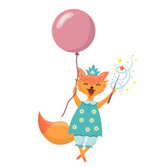 Cute fox fly in balloon. Fox hold magic wand. Joyful pet character. First pet for children. Cute vector cartoon illustration on white background